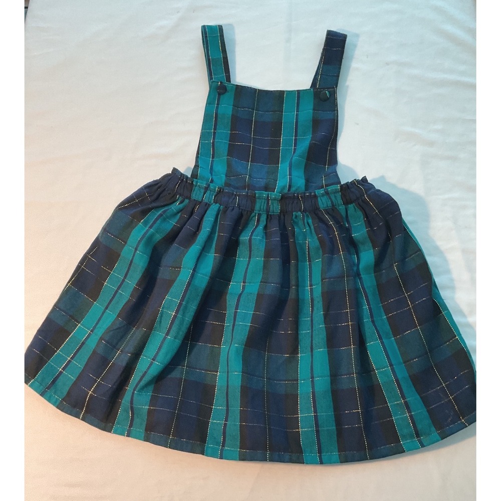 Tommy Bahama Girls Holiday Teal Plaid Metallic Pinafore Overall Dress Size 8